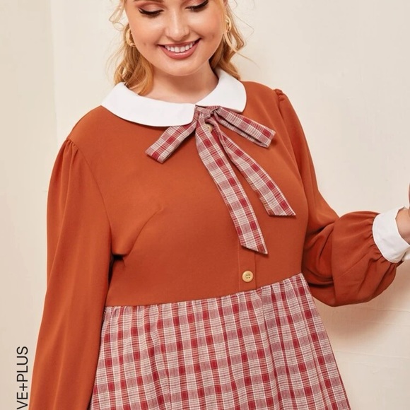 PussyBow Burnt Orange and Plaid Maxi Dress Sz 2x - Picture 7 of 11